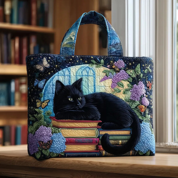 Handgefertigte Tasche | Schwarze Katze zwischen Büchern