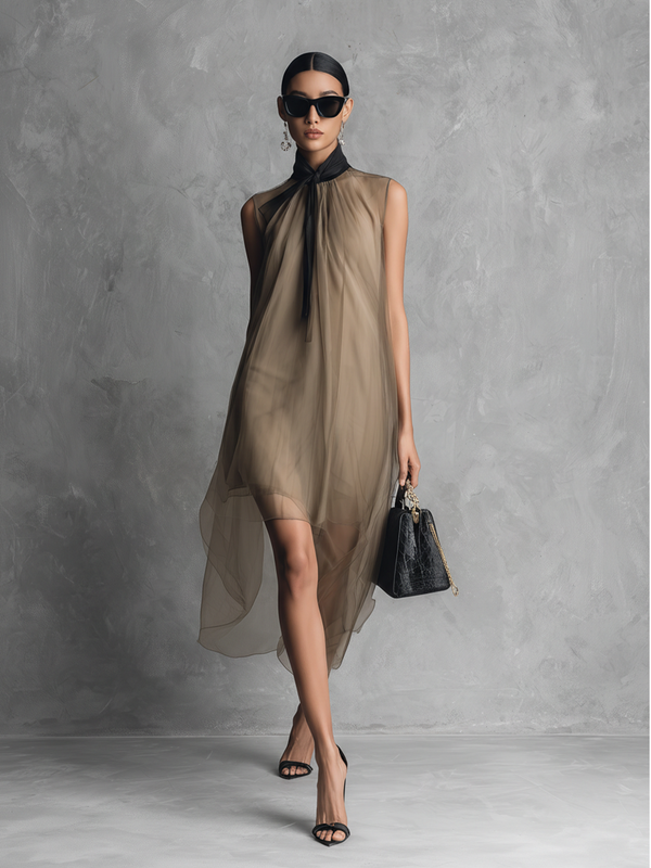 Beatrice - leichtes ärmelloses Chiffonkleid in Khaki und Braun
