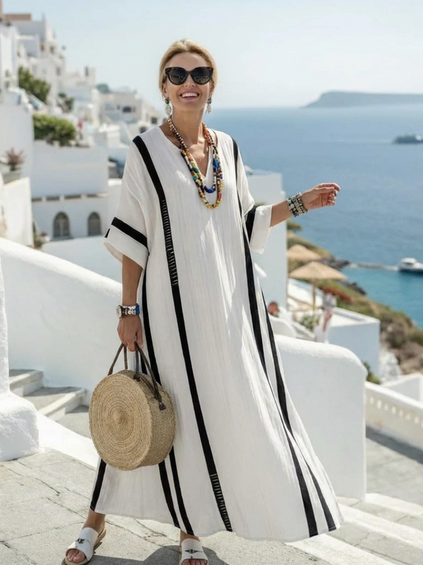 Elvienne - gestreiftes Maxikleid mit Kurzarm und Colour-Blocking
