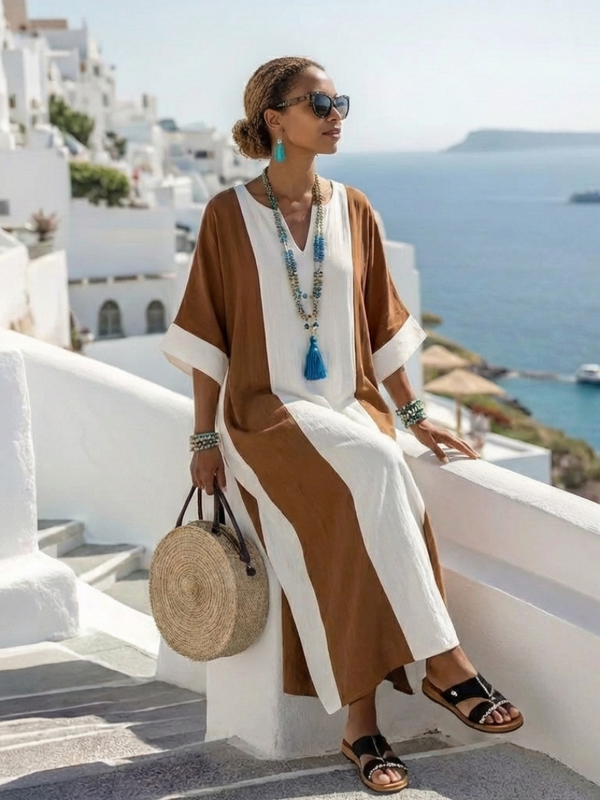 Calindra - lockeres Maxikleid mit Kurzarm und Colour-Blocking