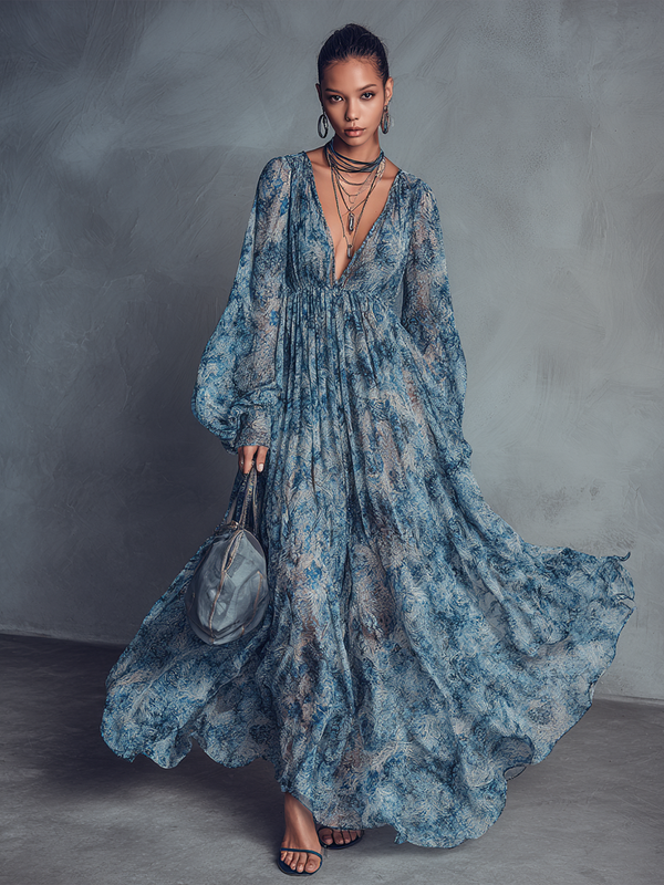 Grace - blaues Boho-Chiffon-Maxikleid mit Blumenprint