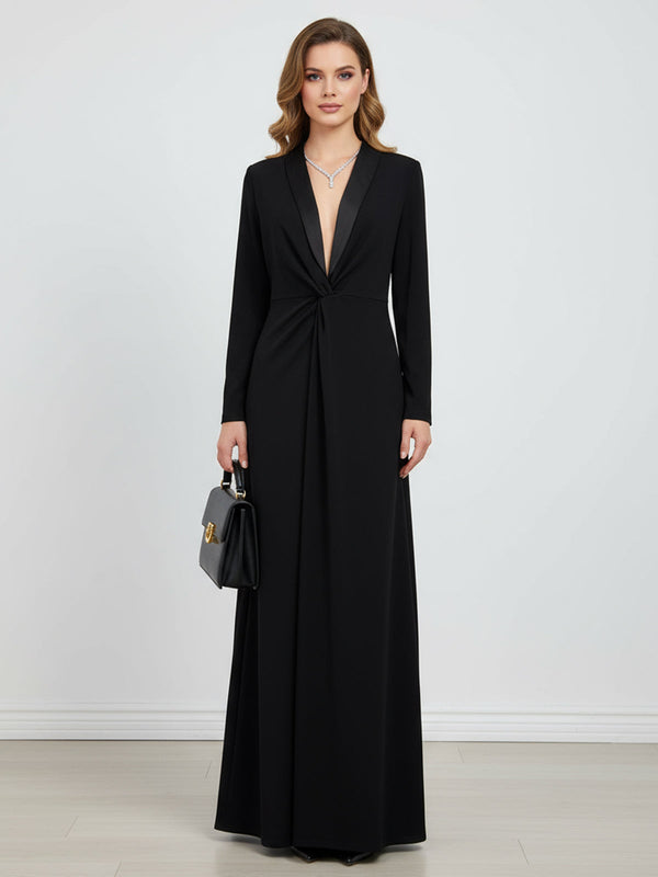Kara - Langärmeliges, schmales Maxikleid mit tiefem V-Ausschnitt