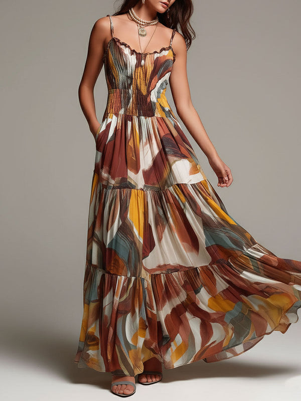 Celine - bunt-abstraktes Boho-Maxikleid mit gesmoktem Oberteil