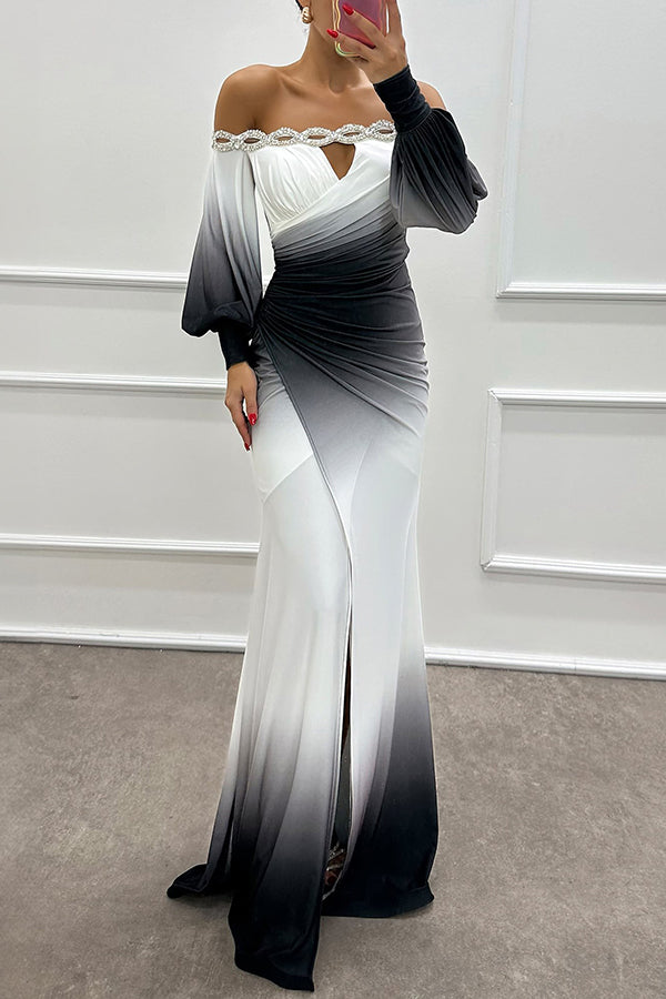 Julieta - schulterfreies Maxikleid mit Farbverlauf, Strass-Details und Schlitz