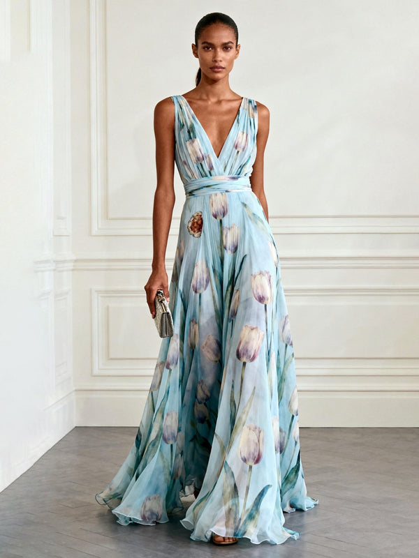 Nerea - elegantes Maxikleid mit Tulpenprint und V-Ausschnitt