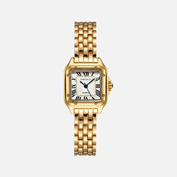 Leonie – Goldene Uhr mit quadratischem Gehäuse.