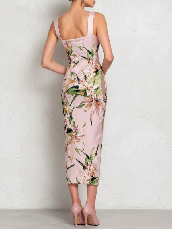Amber - rosa Satin-Midikleid mit Blumenmuster und eckigem Ausschnitt