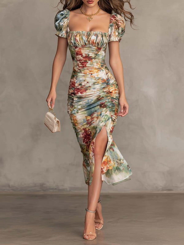 Carmen - Retro-elegantes Midikleid mit Blumenmuster, Raffung und eckigem Ausschnitt