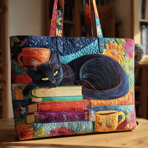 Handgefertigte Tasche | Schwarze Katze mit Büchern und Tassen