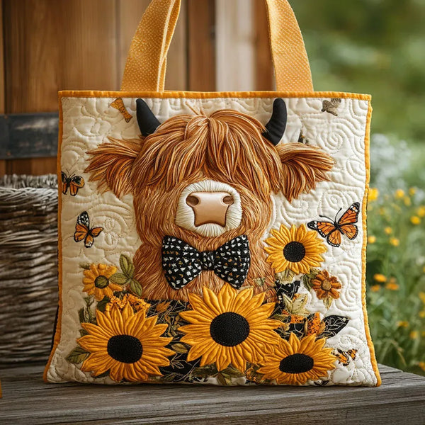 Handgefertigte Tasche | Hochlandrind mit Sonnenblumen