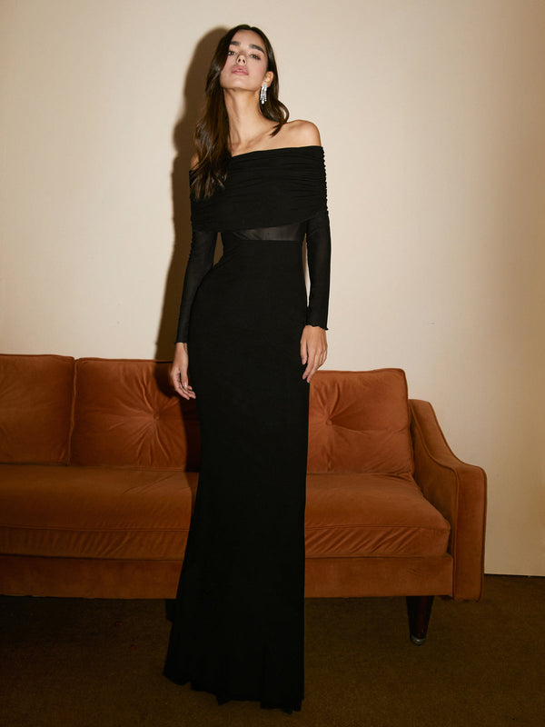 Elithra off - shoulder overfold mesh Maxikleid