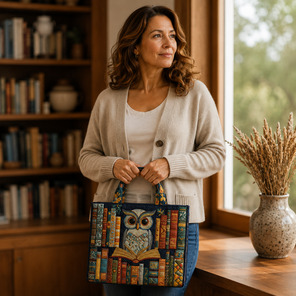 Handgefertigte Tasche | Eule und alte Bücher