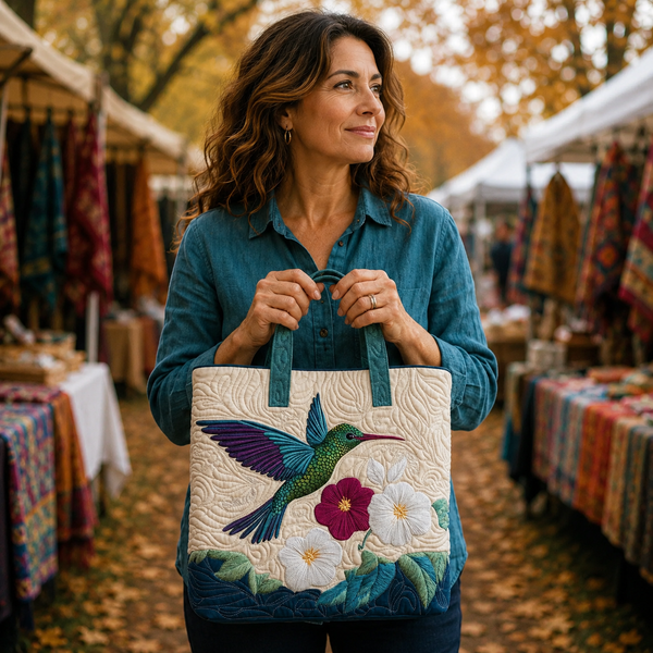 Handgefertigte Tasche | Kolibri und weiße Blüte