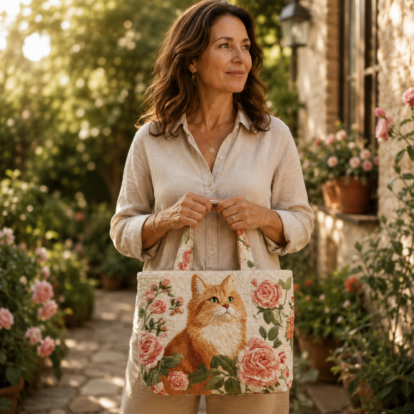 Handgefertigte Tasche | Orangene Katze mit Rosen