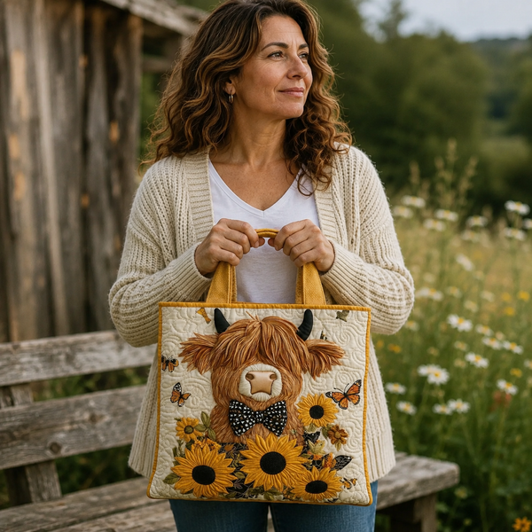 Handgefertigte Tasche | Hochlandrind mit Sonnenblumen