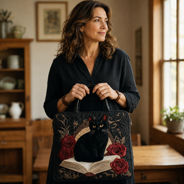 Handgefertigte Tasche | Schwarze Katze zwischen Büchern