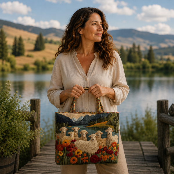 Handgefertigte Tasche | Schafe am See