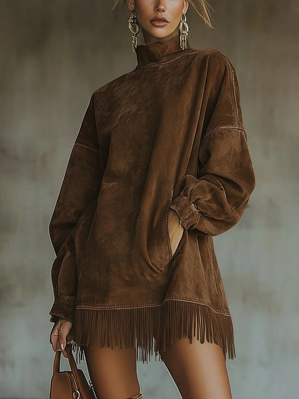 Darcie | Wildleder-Fransen-Rollkragenkleid
