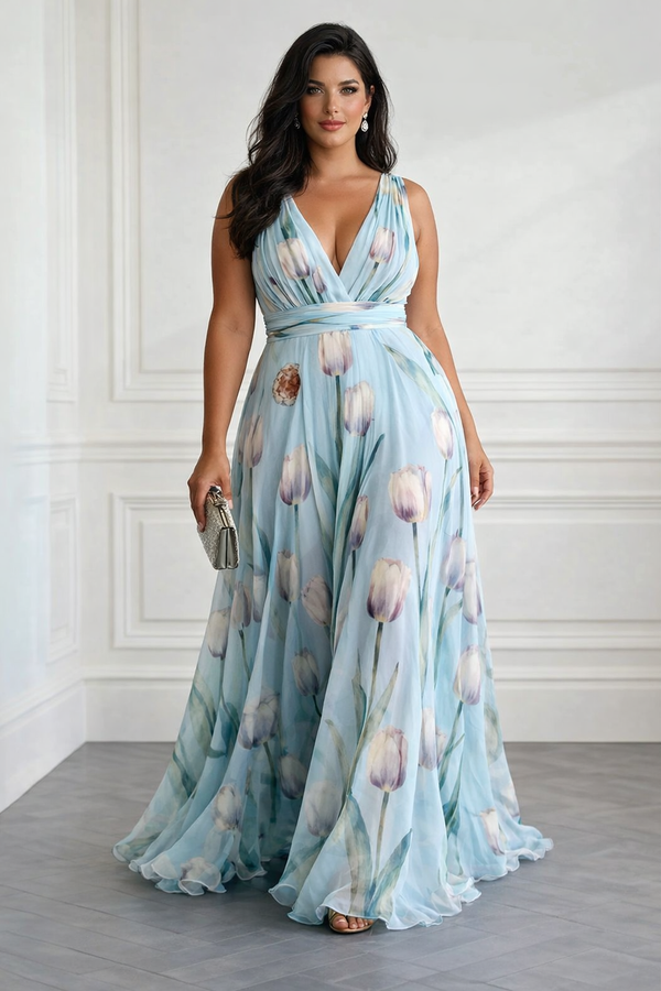 Nerea - elegantes Maxikleid mit Tulpenprint und V-Ausschnitt