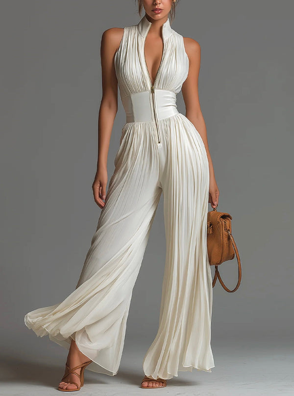 Abigail - plissierter Chiffon-Jumpsuit mit V-Ausschnitt, weitem Bein und Reißverschluss