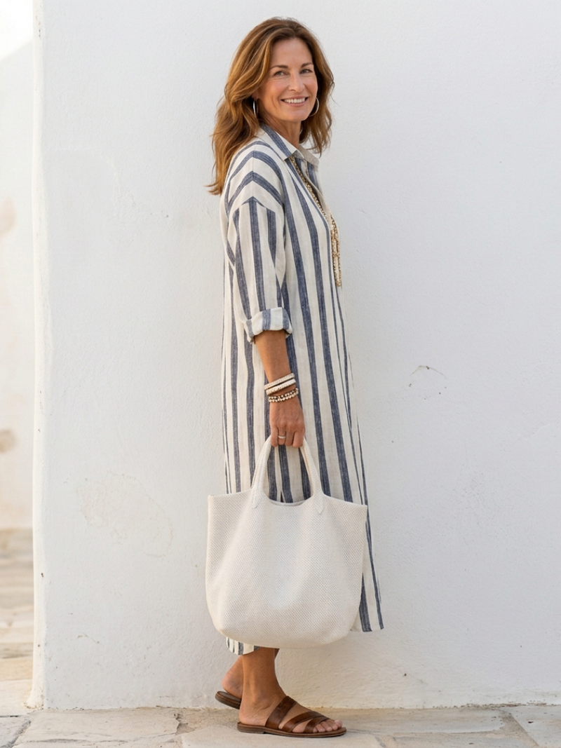 Naomi - gestreiftes Midi-Hemdkleid mit langen Ärmeln
