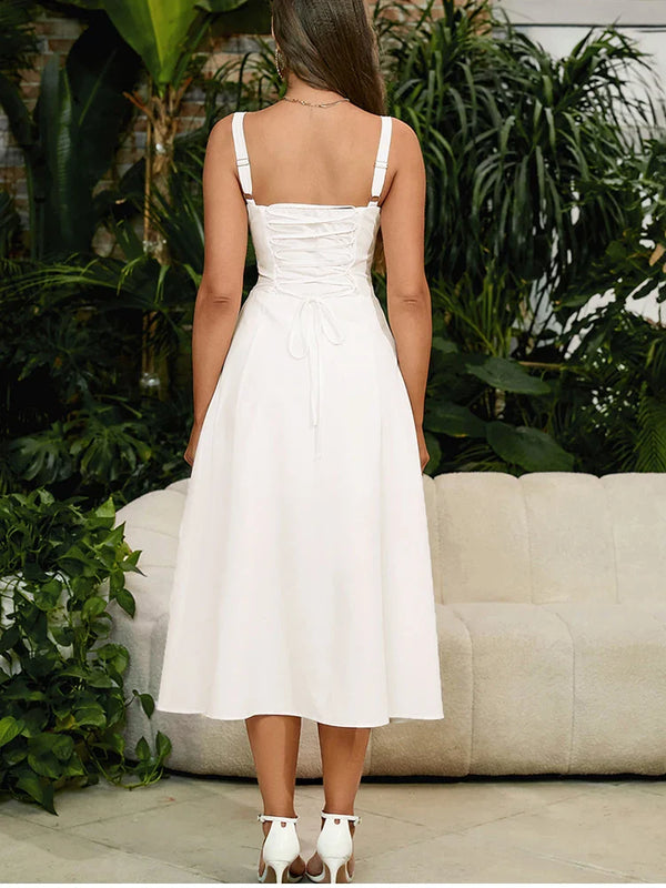 Vana - weißes Korsett-Midikleid mit Schnürung