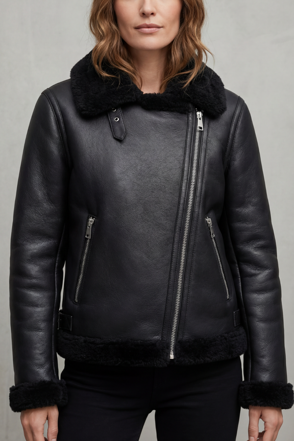 Zinnia™ | Asymmetrische Biker-Jacke mit Shearling-Besatz