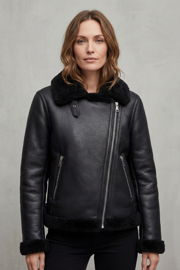 Zinnia™ | Asymmetrische Biker-Jacke mit Shearling-Besatz