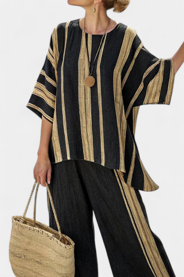 Calden - bequemes Oversize-Top, gestreift, mit lockerer Leinenhose