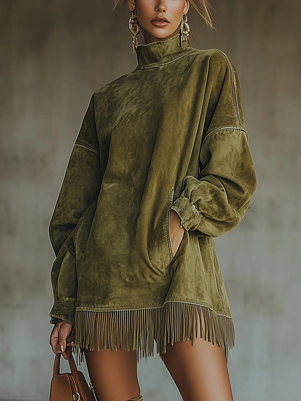 Darcie | Wildleder-Fransen-Rollkragenkleid