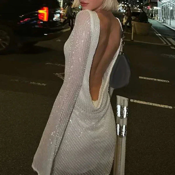 Zerynna™ - rückenfreies, glitzerndes Minikleid mit langen Ärmeln
