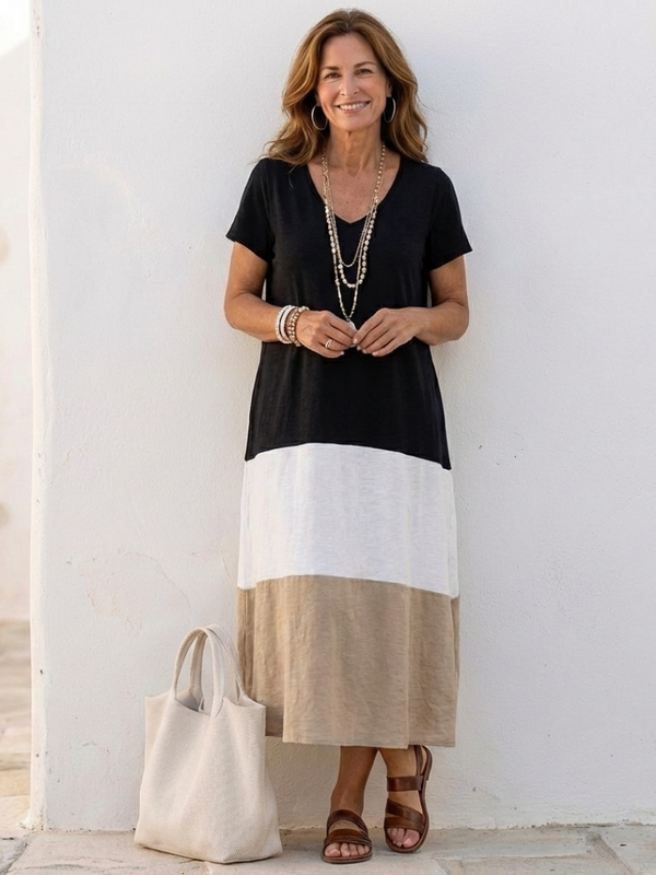Thalia - Midikleid mit V-Ausschnitt, Kurzarm und Colour-Blocking