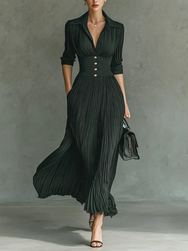Elvira - Plissiertes langes Kleid mit Revers und hoher Taille