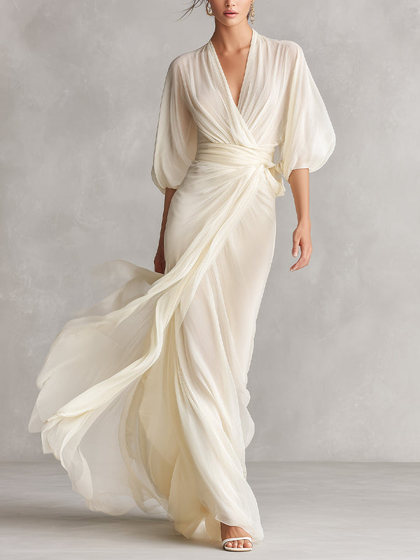 Sefa - elfenbeinfarbenes, transparentes Chiffonkleid
