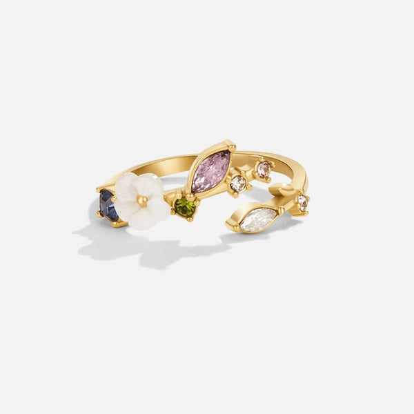 Blossia – Goldring mit Blüten und bunten Kristallen