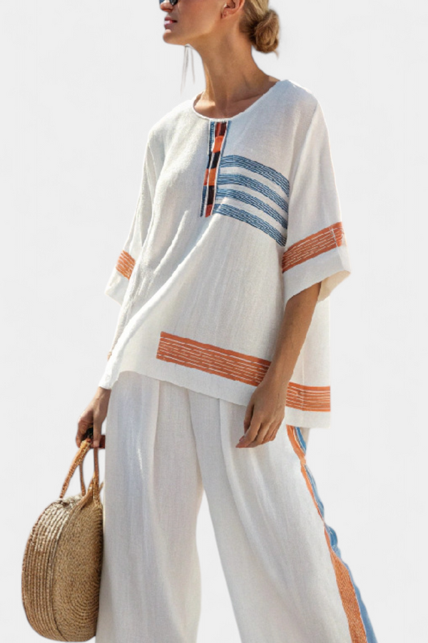 Marcellin - edles gestreiftes Top mit Hose, Blau-Orange