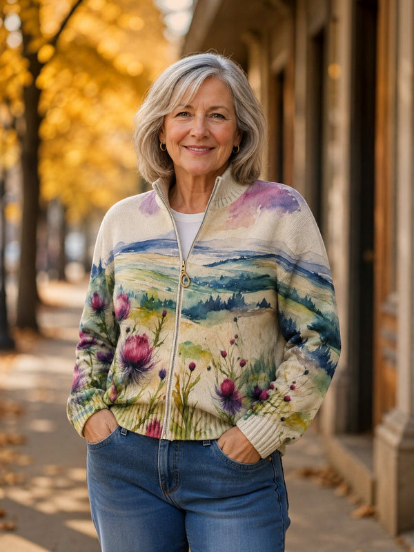 Heike™ | Strickjacke mit Distel- und Landschaftsmotiv