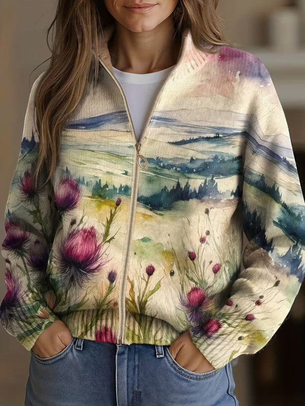 Heike™ | Strickjacke mit Distel- und Landschaftsmotiv