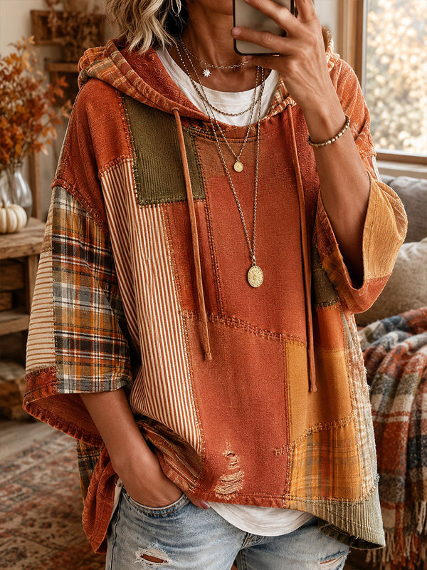 Hanna™ | Karo-Poncho mit Kapuze im herbstlichen Patchwork-Look
