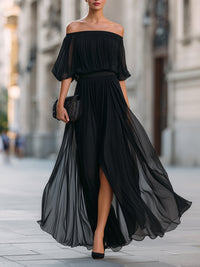Annetta - schwarzes plissiertes Chiffon-Maxikleid, schulterfrei