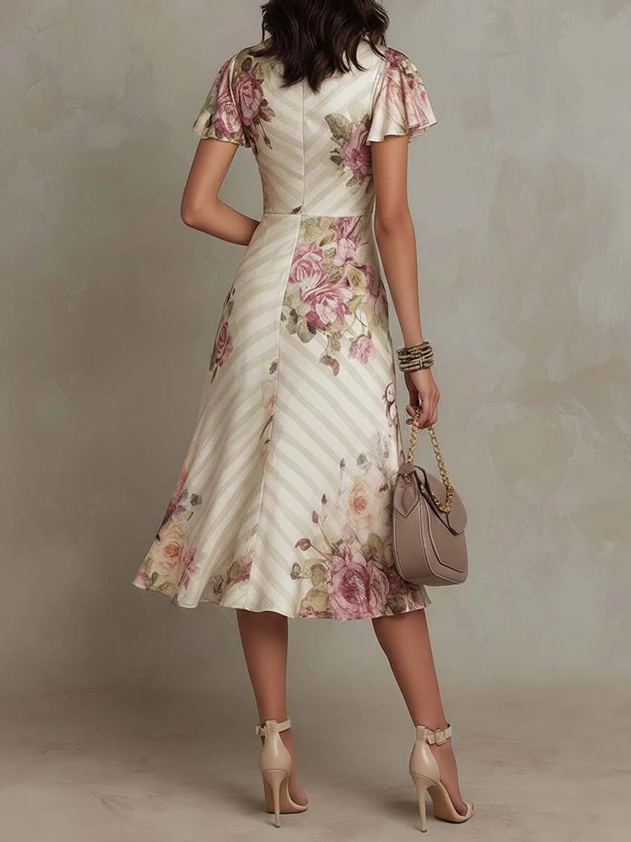 Alba elegantes Retro-Satin-Midikleid mit Blumenmuster