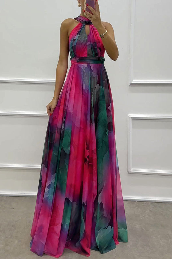 Elaine - Tüll-Maxikleid mit Blumenprint, Cut-Outs und Neckholder-Bindung