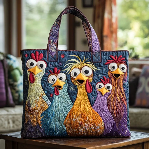 Handgefertigte Tasche | Fünf bunte Hühner