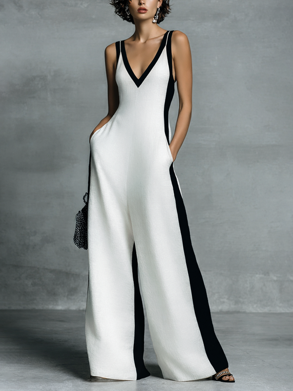 Celine - Jumpsuit mit weitem Bein, Colour-Blocking in Schwarz-Weiß