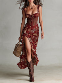 Sara - Korsett-Maxikleid mit Blumenprint und hohem Schlitz