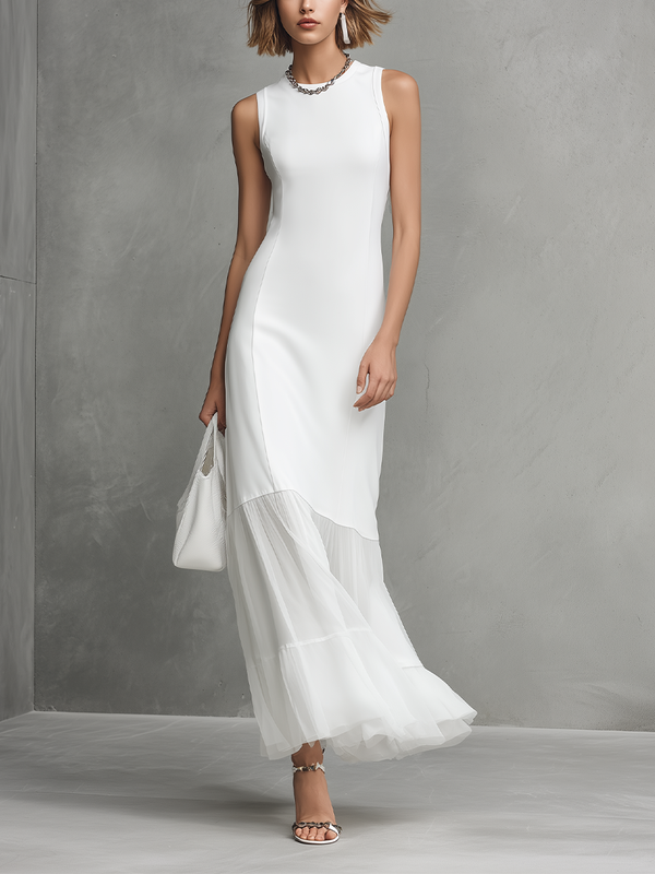 Elegant - White Ärmelloses Kleid für Damen mit Milk Silk und Chiffon Panels