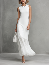 Elegant - White Ärmelloses Kleid für Damen mit Milk Silk und Chiffon Panels