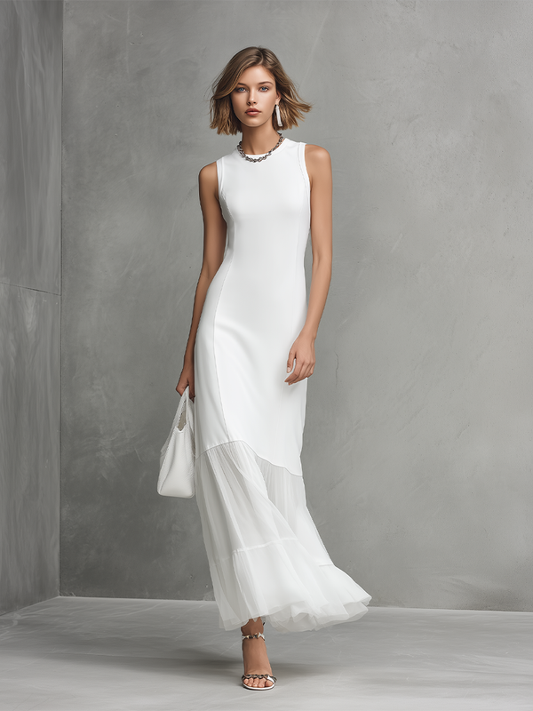 Elegant - White Ärmelloses Kleid für Damen mit Milk Silk und Chiffon Panels
