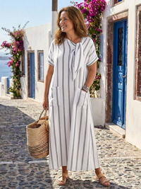Elaris - Kurzarm Striped Tie Neck Tasche Midikleid
