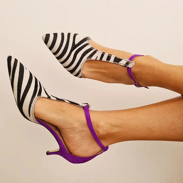 Savana - High Heels mit Zebra-Print, lila Absatz und Knöchelriemen